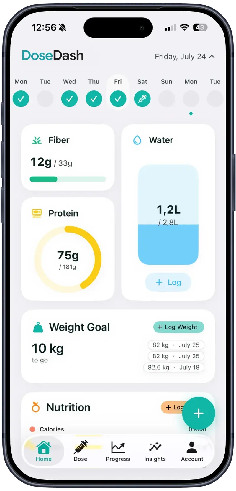 DoseDash home screen with fiber, water, protein and weight goal cards