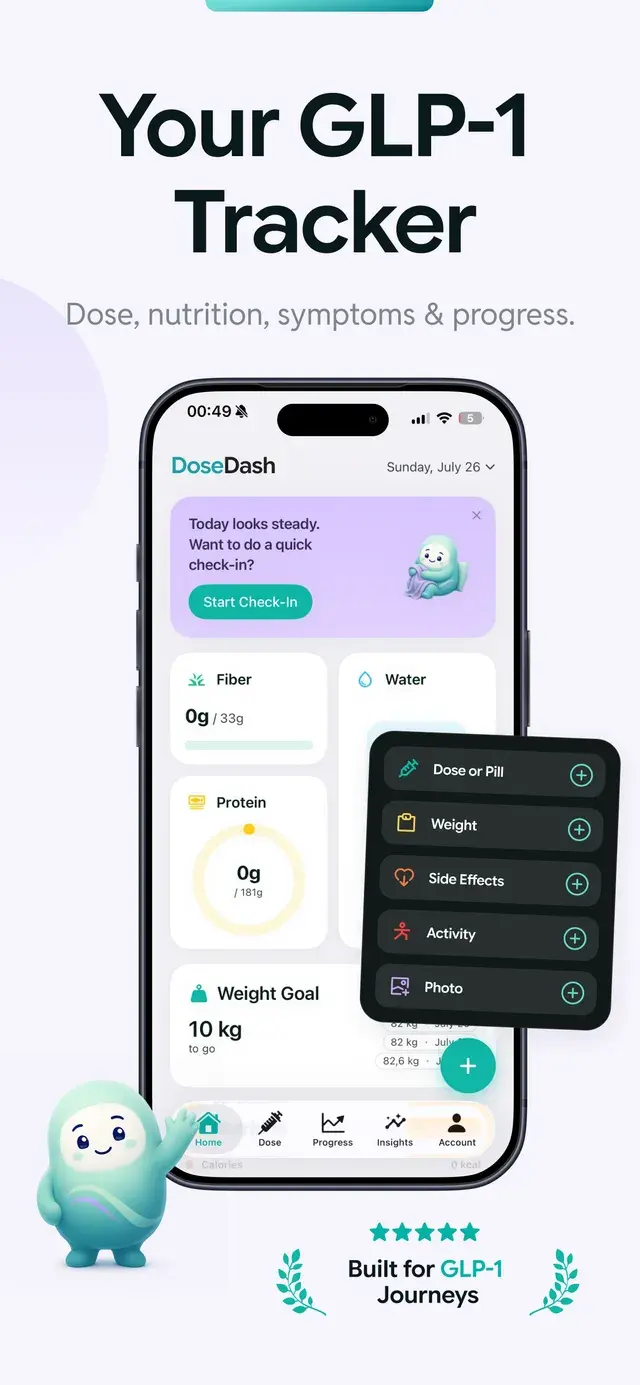 DoseDash home screen — your GLP-1 tracker for dose, nutrition, symptoms and progress